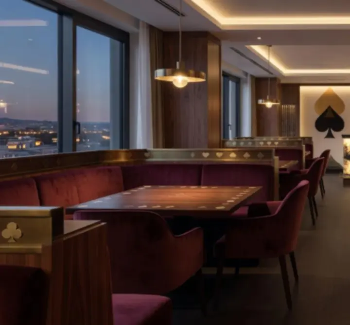 Elegáns budapesti étterem belső tér, modern design és pókerasztalok