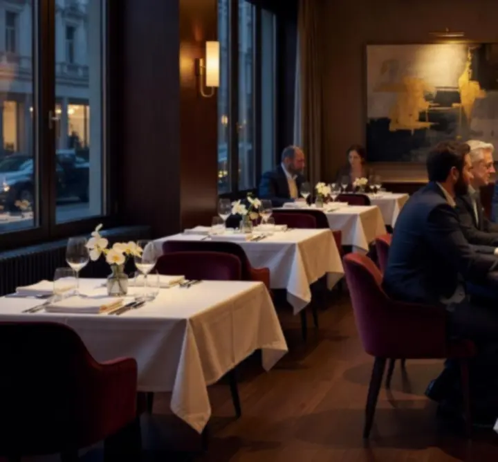Elegáns magyar étterem vendégekkel és pókerasztallal, hangulatos esti fényekben.